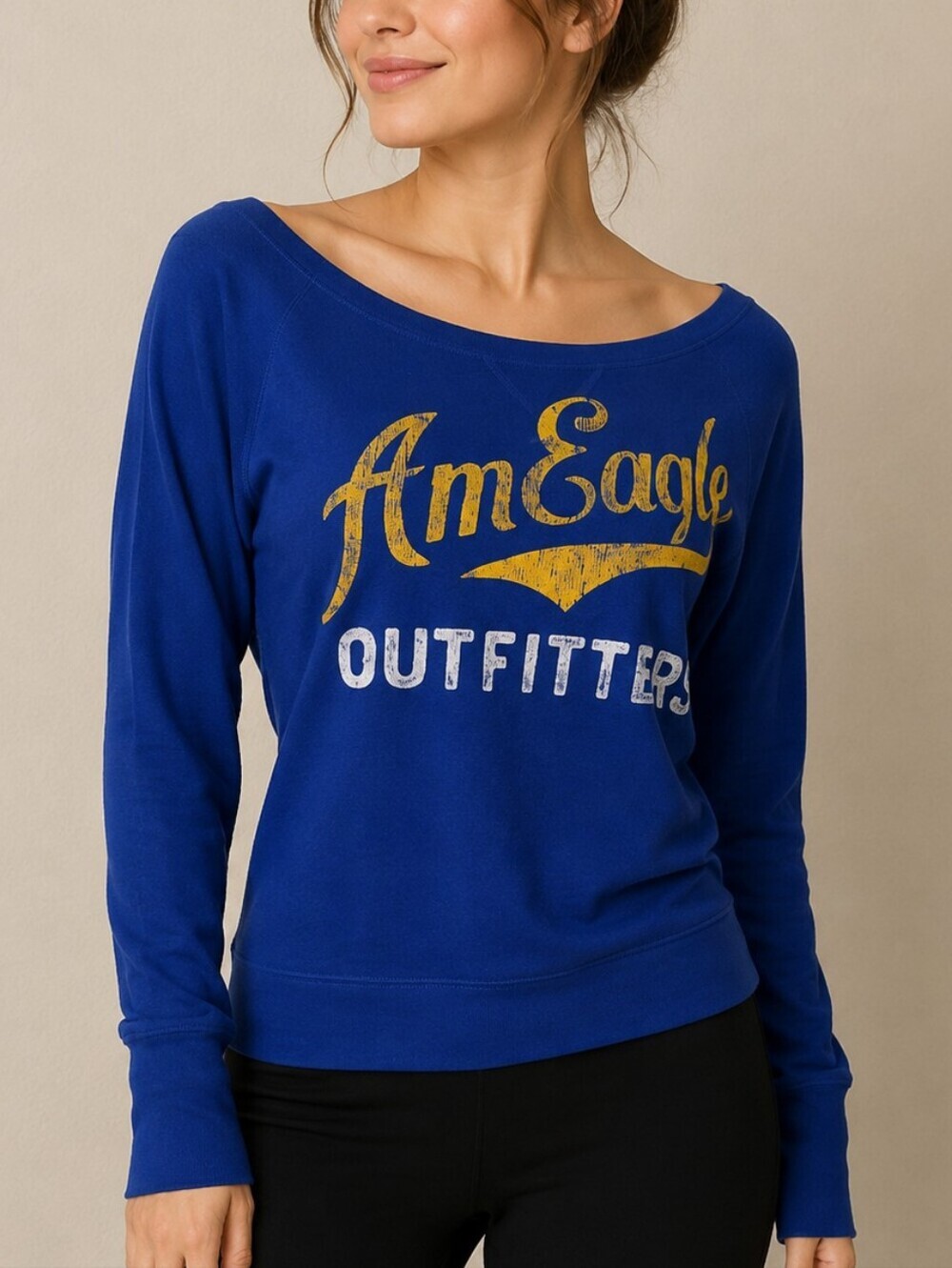 AMERICAN EAGLE Royal Blue Ribbed Jersey Long Sleeve Shirt